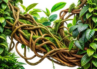 High-resolution stock photo: lush tropical rainforest vines, isolated on white, perfect for food photography or jungle scenes.