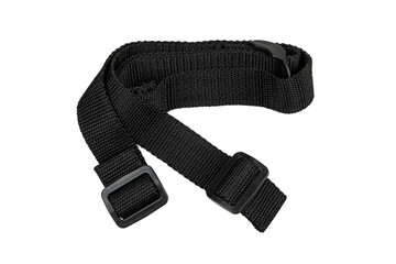 Black adjustable nylon strap with plastic buckles, isolated on white background.