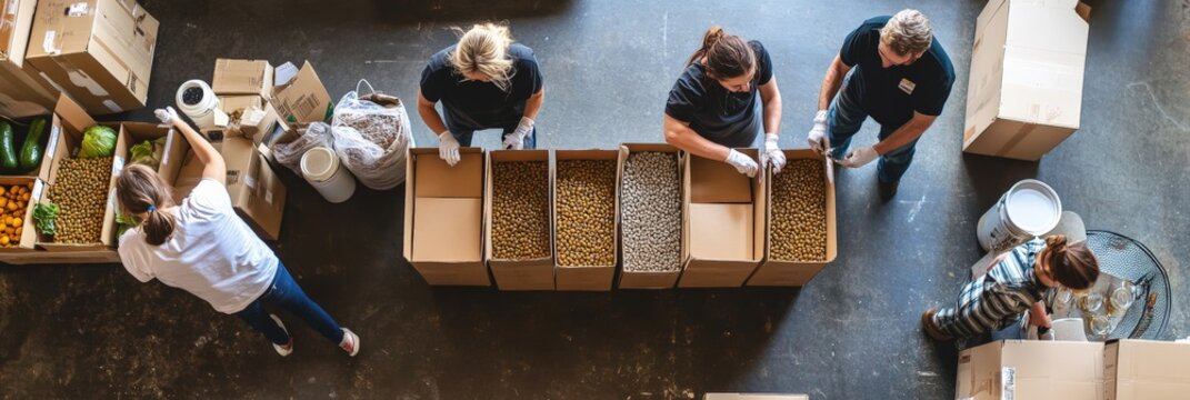 A top view of a food donation event with volunteers packing boxes - Powered by Adobe