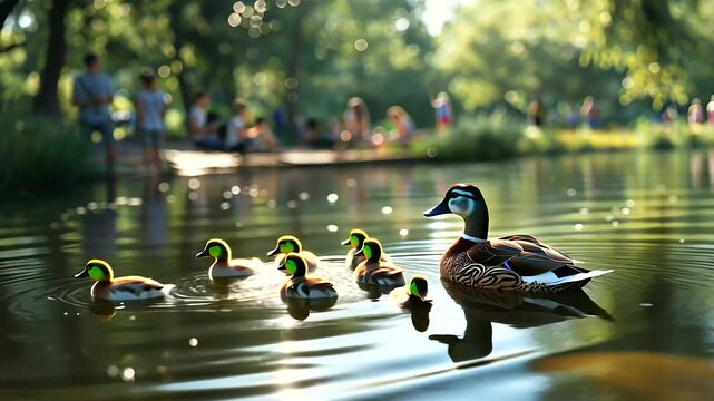 Family Enjoying Baby Ducklings at Park Pond