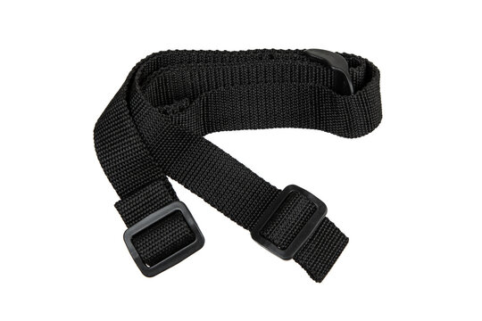 Black adjustable nylon strap with plastic buckles, isolated on white background.