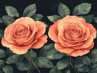 Two beautiful roses with lush green leaves against a dark background.