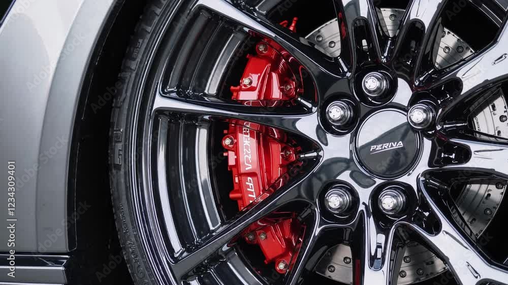 Poster a tight focus on a glossy black alloy wheel, with a striking red brake caliper visible through the s