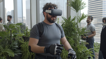 man wearing virtual reality headset and gloves, surrounded by greenery in urban setting, engages with technology. scene conveys excitement and innovation
