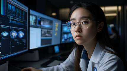 focused woman in lab coat works at multiple computer screens displaying medical data and images, showcasing high tech medical environment