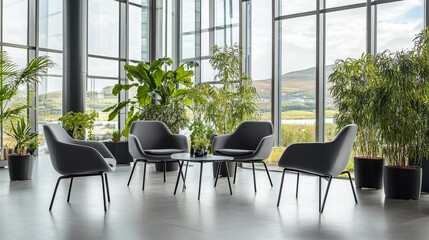 Fototapeta premium Modern lounge area with gray chairs, glass walls, and indoor plants, creating serene atmosphere. Perfect for relaxation or meetings in contemporary setting