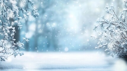A wonderful winter scene with snow-covered branches and falling snowflakes, creating an atmosphere of tranquility and enchantment