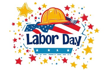 Engaging in the shared excitement of national Labor Day. Side view of american flag, set of tools, safety helmet, work gloves on wooden brown background with empty space for promo or text
