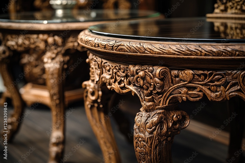 Poster a detailed view of a table featuring a decorative vase on top, perfect for showcasing small objects 