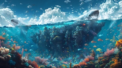 Fototapeta premium Enchanting Undersea Fantasy Mythical Creatures and Vibrant Coral Reef