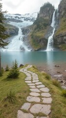 Serpentine pathway along a tranquil lakeside leading to a majestic glacier-fed waterfall, peaceful, glacier, calm