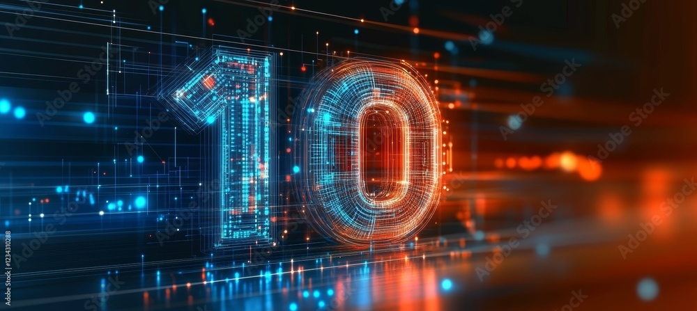 Poster glowing digital number 10 with futuristic circuitry and technology theme on abstract background