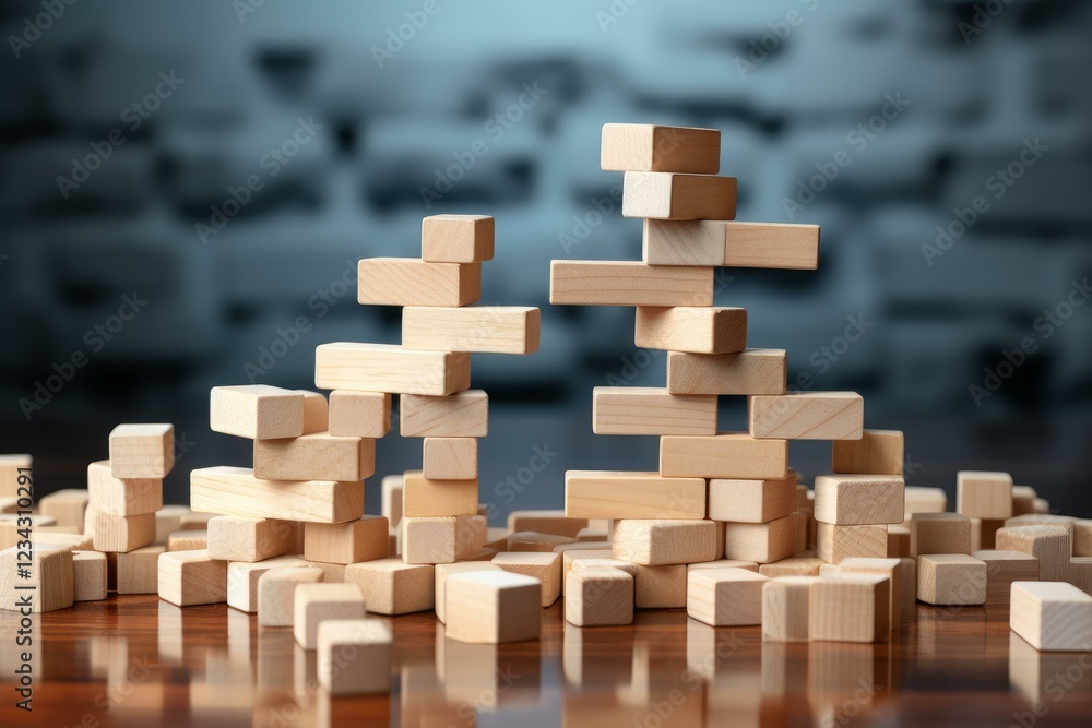 Poster wooden blocks creating a structure on a reflective surface, symbolizing business development, strate