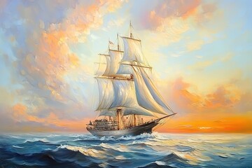 Obraz premium Serene Sunrise Sailboat: Pastel Oil Painting of a sailboat gracefully gliding across a calm sea at dawn, bathed in the soft, warm hues of a rising sun. Perfect for home decor, travel 