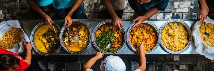 A top view of a food donation event with volunteers serving meals