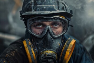 Firefighter wearing a respirator and protective glasses in a smoky environment