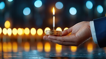 A hand holds a delicate candle, illuminating a serene atmosphere with warm, flickering lights in the background.