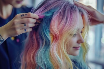 A woman having her hair styled at a salon, with vibrant colors and a stylist working on her locks
