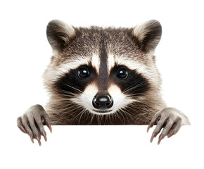 Obraz premium A curious raccoon with dark-ringed eyes, peering into the camera from a white surface. Transparent background