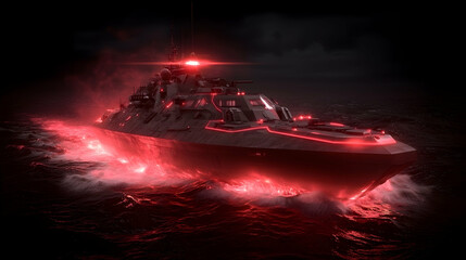 Red-lit warship at sea, night, ocean waves, game asset