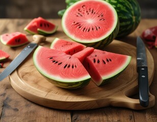 Ripe watermelon half on a wooden cutting board with a chef's knife , juicy, sweet, succulent