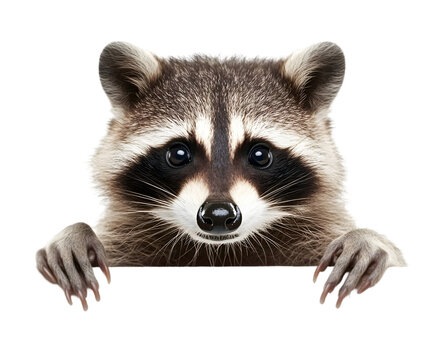 A curious raccoon with dark-ringed eyes, peering into the camera from a white surface. Transparent background



