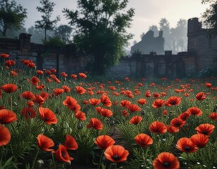 Red Poppy Flowers in a Dark, Abandoned Garden , atmospheric, dark, vines