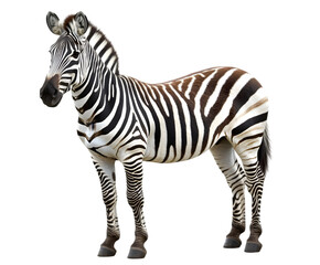 A majestic zebra with black and white stripes, standing gracefully on a white surface. Transparent background


