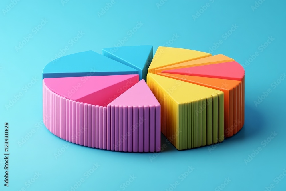 Poster Colorful pie chart design made from 3D blocks representing data distribution on a blue background