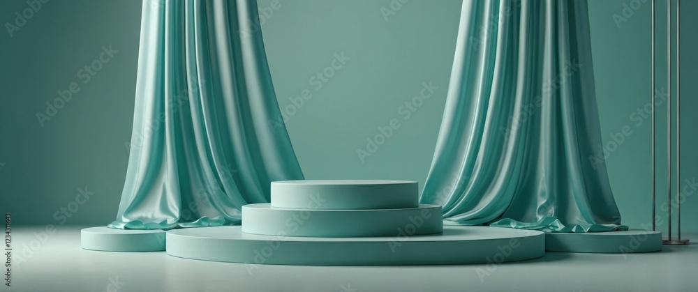 Poster elegant teal platform display with draped fabric backdrop. ideal for showcasing products or presenta