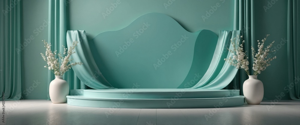 Poster elegant teal display with flowing fabric and white flowers, creating a serene and sophisticated atmo