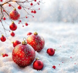 Red and gold ornaments on a snowy white background, red, decorations