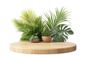Fototapeta premium Elegant Wooden Podium Decorated with Lush Palm Leaves, Isolated on a Pristine White Background, Perfect for Product Displays, Presentations, Tropical Themes, Summer Announcements, Branding, 