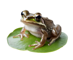 A tiny frog with big eyes and smooth skin, sitting on a white lily pad. Transparent background


