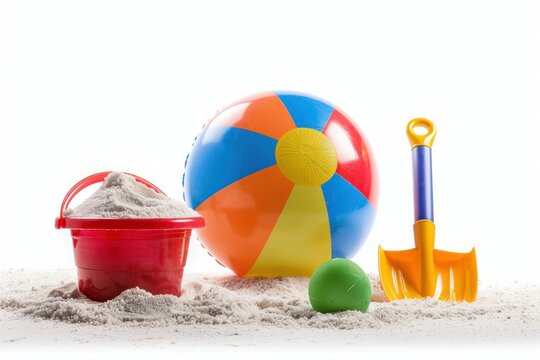 Colorful beach toys on sand