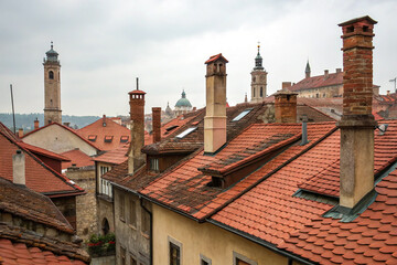 Historic rooftops with chimneys