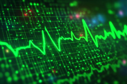 Electrocardiogram pattern displayed in bright green showcases heart activity with waveforms against a digital background - Powered by Adobe