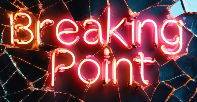 Neon sign breaking point glows in fiery orange against shattered glass. Cracked reflections and glowing fragments enhance intense and dramatic atmosphere with high-impact contrast