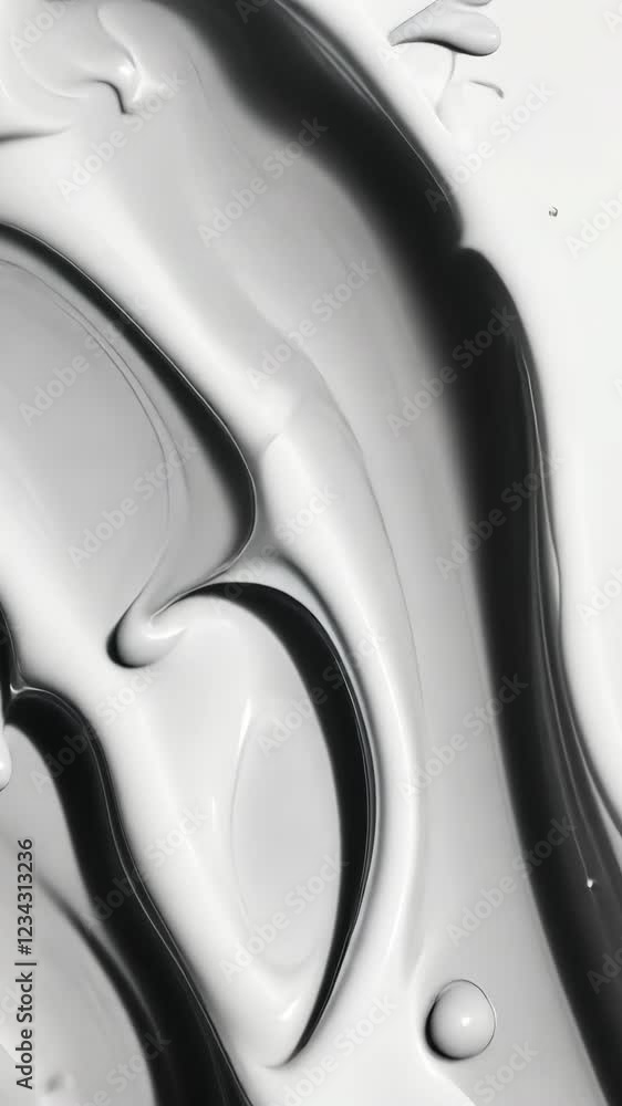 Poster fluid white paint flows and splashes gracefully on a smooth surface, creating captivating patterns. 