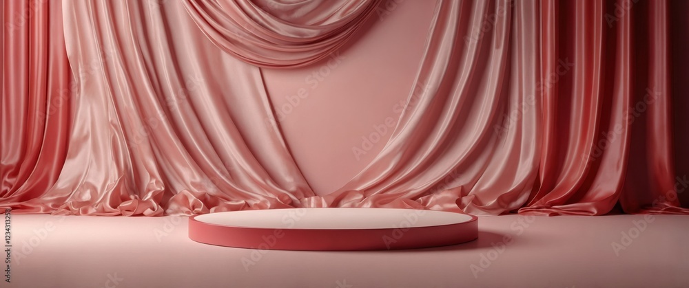 Aufkleber a minimalist product display featuring a round platform set against a backdrop of draped fabric. the