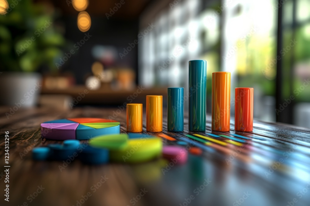 Poster Colorful data representation tools displayed on a wooden table in a modern workspace with natural light