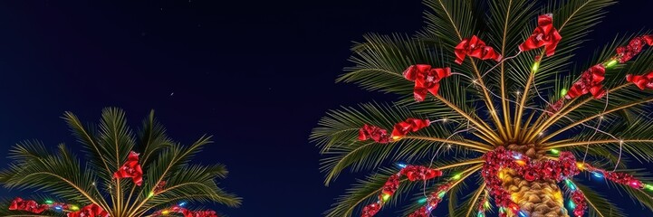 Obraz premium Palm tree branches adorned with colorful Christmas garland and twinkling fairy lights against a dark blue night sky with stars, galaxy theme, outdoor decor inspiration, holiday lighting