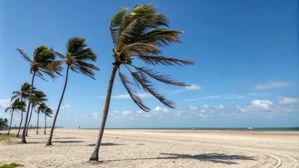 Obraz premium Palm trees swaying in the wind on a sandy beach, palm trees, sand