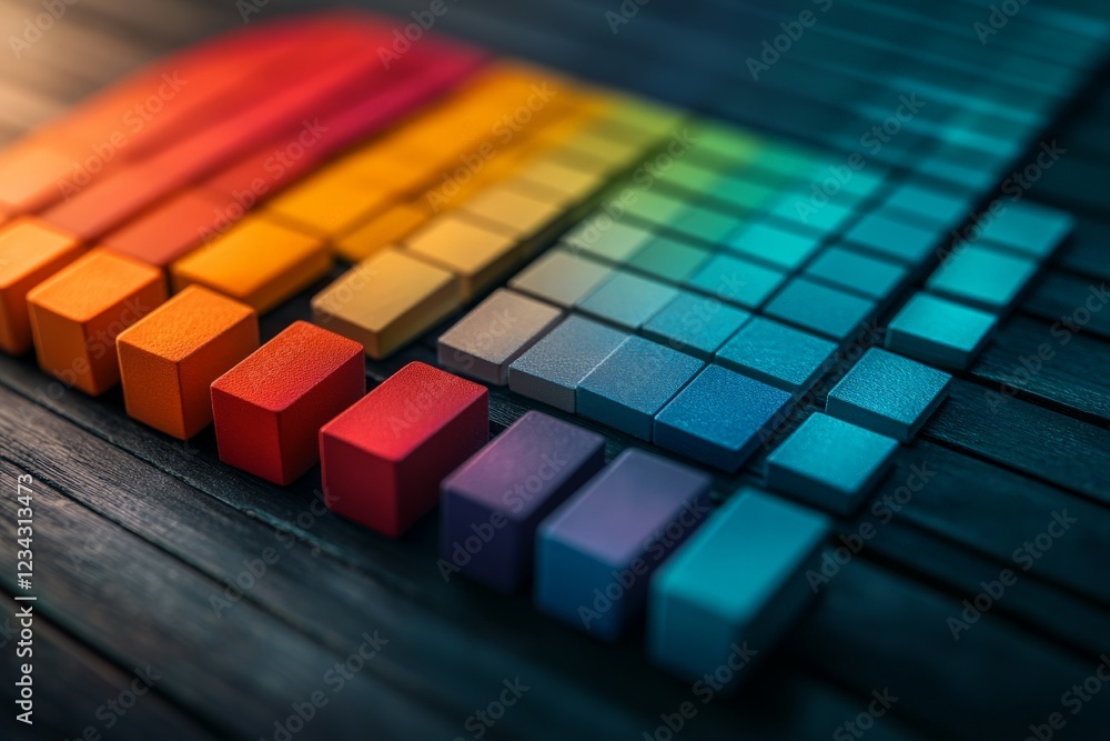 Aufkleber Colorful arrangement of geometric blocks demonstrating sound wave patterns and design aesthetics on a wooden surface