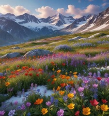 Obraz premium Spectacular view of colorful wildflowers in front of majestic snow capped peaks, majestic, colorful