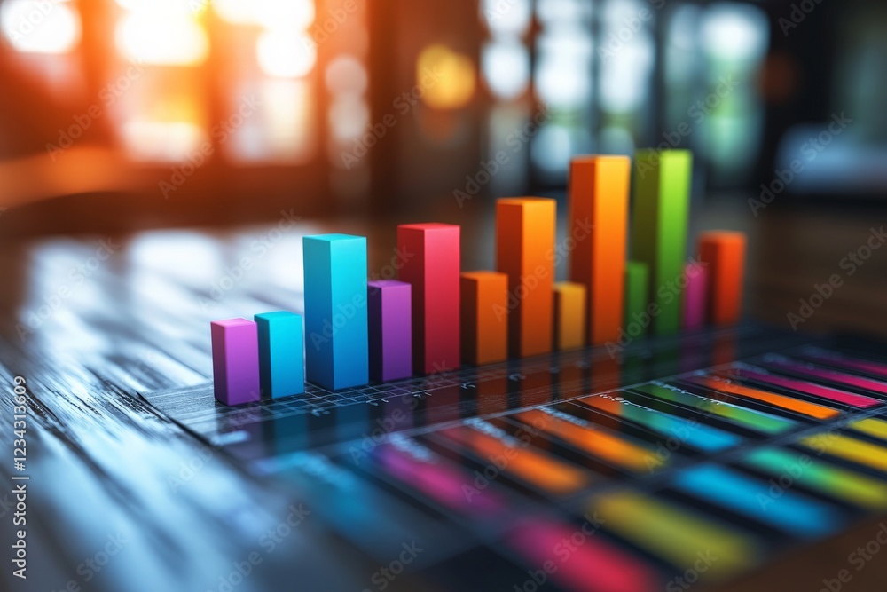 Poster colorful bar graph displayed on a wooden table with warm lighting in a modern workspace during a bus