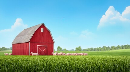 Obraz premium Red Barn and Pigs in a Green Field Under a Blue Sky