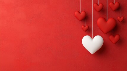 Red and White Hanging Hearts on Textured Red Background Romantic Valentine's Day Decoration