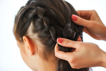 Naklejka premium A woman sits with her back to the camera, focusing on braiding her long hair into a intricate braid