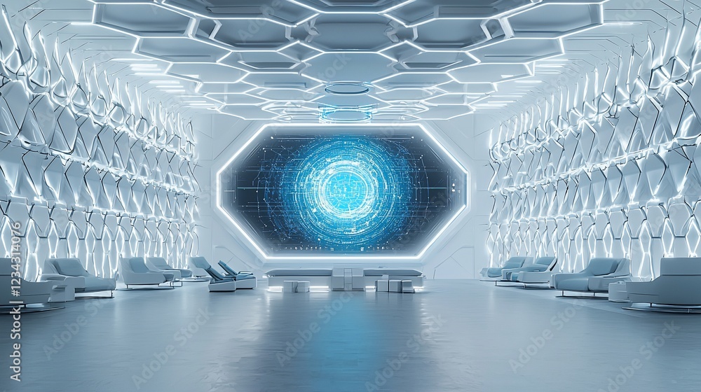 Poster futuristic white lounge with hexagonal design and blue screen